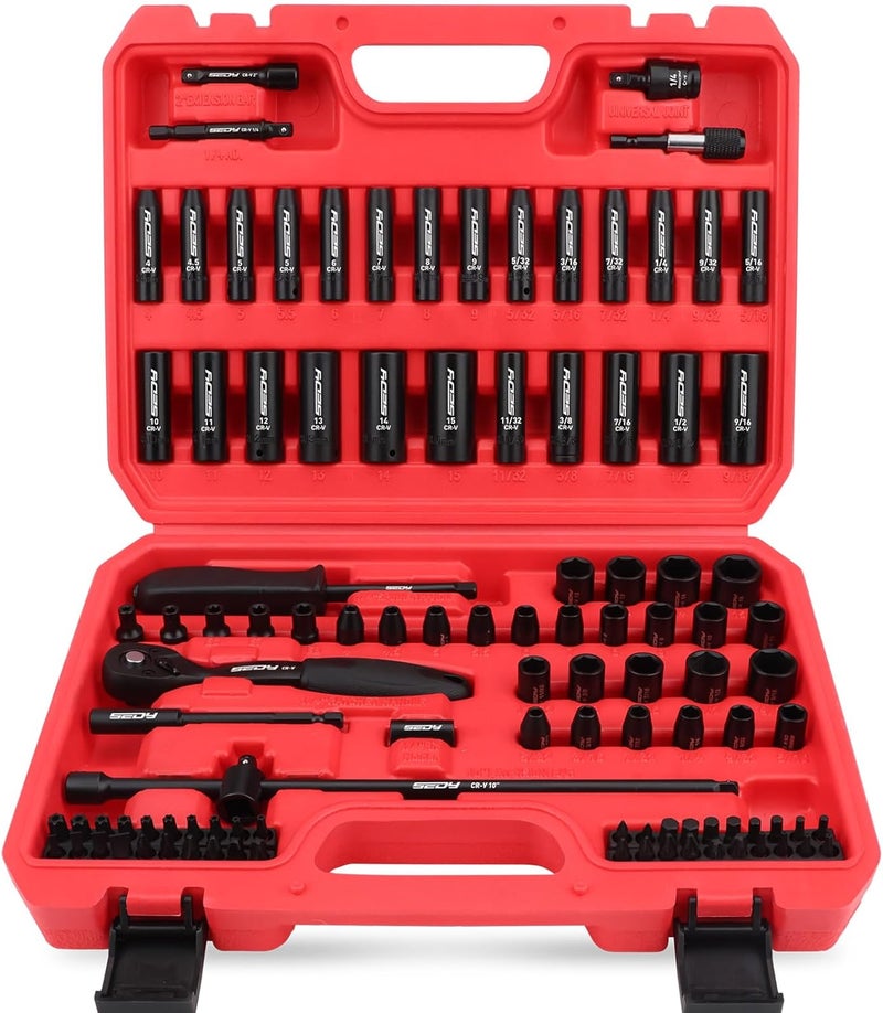 SEDY 105-Piece 1/4" Drive Impact Socket Set, SAE 5/32"-9/16" & Metric 4-15mm, CR-V Steel Mechanics Tool Set with Ratchet Wrench, Adapters, Universal Joint, Screwdriver Bits, Bit Holder, Extension Bar - Image 1